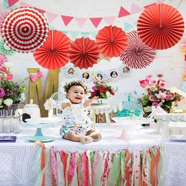 Happium 6 Pcs Paper Fans Set Assorted Colors Hanging Decorations Paper Garlands Ceiling Wall Decor Party Supply Photo Back Drop for Birthday Wedding Graduation Events Accessories Red Strip