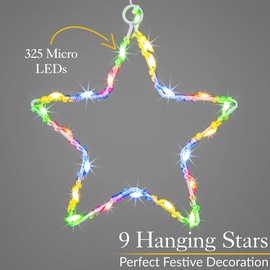Christow Christmas Curtain Lights for Windows, 9 Star String Light Decoration, 325 Multi Coloured Micro LEDs, Indoor Outdoor Home Garden Xmas Lighting, Mains Powered with 5m Cable (H1.2m x W1.2m)