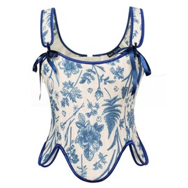 SCARLET DARKNESS Ladies Medieval Renaissance Costume Cottagecore Peasant Corset Top Tie up Vintage Corsets for Women UK Blue Floral 12
