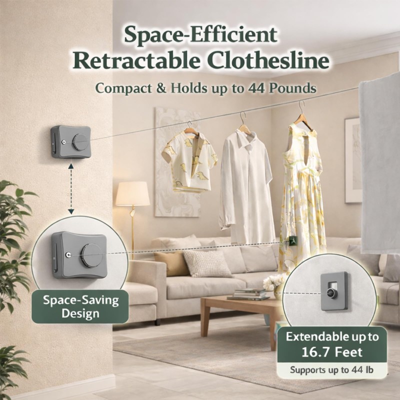 Retractable Clothesline Indoor Outdoor - Max Load 44 lbs, Heavy