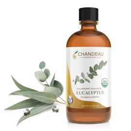 Chandeau Essentials 100% Pure Organic Essential Oil, Pure Eucalyptus Essential Oil for Aromatherapy, Soap Making, Candles, Laundry, Perfume, Cleaners or Diffusers - Large Amber Glass Bottle, 16 oz.