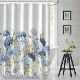 Ruelvth Blue Floral Shower Curtain, Watercolor Hydrangea Flower Shower Curtain for Bathroom Waterproof Fabric Shower Curtain Set with Hooks, 72x72 Inch
