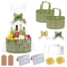 2Pack Woven Bamboo Basket for Toy Storage, Decorative Basket With Gift Bags & Ribbon, Small Baskets for Gifts, Baby Gift Baskets for Birthday, Baby Shower, Wedding Gift 30 x 20 x 15cm (Green)