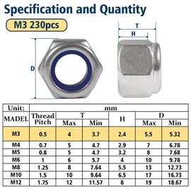 Vifmy - 230 tuercas de bloqueo de inserción de nailon M3-0,5 mm, tuercas de seguridad de acero inoxidable 304 (A2-70), tuercas de rosca métrica estándar para pernos