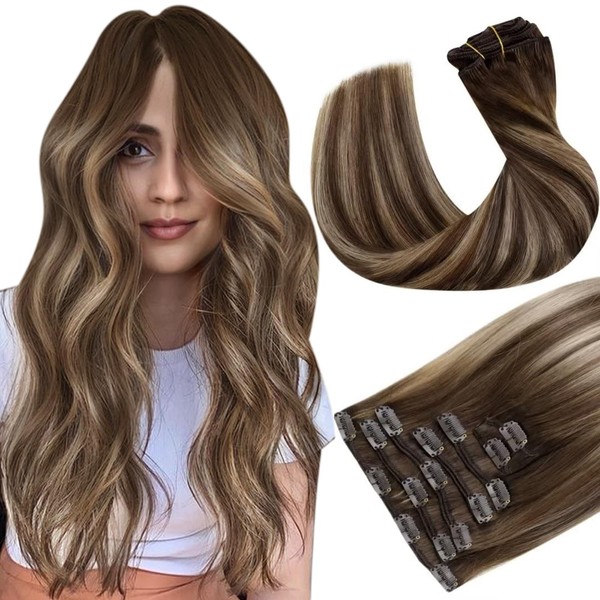 Hetto Clip-In Real Hair Extensions, Balayage Brown Clip-In Extensions, Remy Real Hair, Chocolate Brown to Caramel Blonde Clip-In Hair Extensions, Real Hair #4/27/4 120 g 45 cm