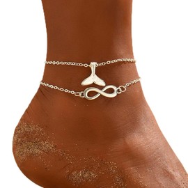 Prosy Double Layer Beach Wave Anklet Silver Ankle Bracelet Fish Tail Forever Pendant Summer Foot Jewellery Accessories for Women and Girls (B)