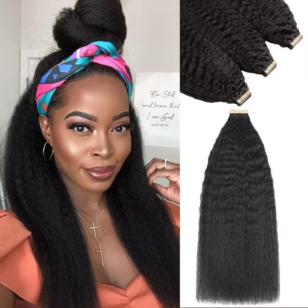 YDDM Tape Extensions Real Hair 16 Inches + 18 Inches + 20 Inches 60 Pieces 130 g Black Women Kinky Straight Tape In Hair Extensions Real Hair Tape Extensions Real Hair