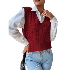 RefindWin Womens Casual V Neck Cable Knit Sweater Vest Solid Sleeveless Tank Tops Women Vest Red M