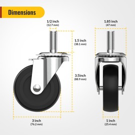 HOLKIE Caster Wheels 3 inch with No Brake Stem Casters, 1/2" -13 x 1-1/2" (Stem Diameter 1/2", Stem Length 1-1/2") Threaded Swivel Casters Set of 4 Heavy Duty Castors Black