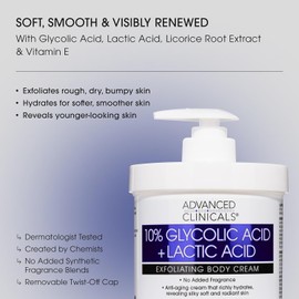 Advanced Clinicals- Crema para el cuidado de la piel con loción corporal con ácido glicólico al 10% y ácido láctico Queratosis pilaris Exfoliante AHA KP