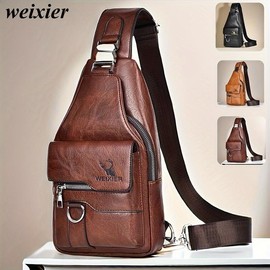 weixier crossbody bag for men and women, durable PU leather, large capacity, multi-compartment, with wallet, casual lightweight shoulder bag, daily, hiking, travel multi-purpose small backpack - Colour: Light brown, Num: 1pc