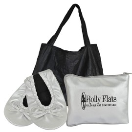 Women's Portable Foldable Ballet Flats Shoes Roll Up Slippers for Travel with Expandable Tote Bag(L, Silver)