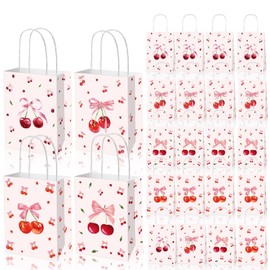 Qpout 16 Pack Cherry Party Goodie Bags, Cherry Gift Bags With Handles, Party Favors Treat Snack Candy Goody Bag for Girls Women Birthday Wedding Baby Shower Spring Summer Party