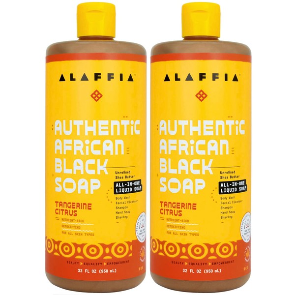Alaffia Skin Care, Authentic African Black Soap, All in One Liquid Soap, Moisturizing Face Wash, Sensitive Skin Body Wash, Shampoo, Shaving Soap, Shea Butter, Tangerine Citrus (2 Pack-32 Fl Oz Ea)