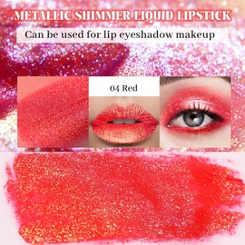 Prreal Metallic Liquid Lipstick, Glitter Lip Gloss, Moisture Shimmer Lip Plumper Large, Diamond Pearl Shine, Non-Sticky Long Lasting Metallic Lipstick Lip Eyeshadow Makeup, 04 Red