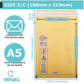Triplast Gold Bubble Padded Envelopes - Pick Qty & Size: 20 x 3/C (150x215mm) A5 Envelopes - Large Letter Shipping Bags with Bubble Wrap Lining and Peel & Seal Strip for Royal Mail Packing & Postage