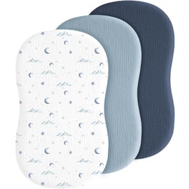 Coreeky Baby Muslin Bassinet Sheets 3 Pack for Boys & Girls, Soft Breathable Cotton Bassinet Mattress Cover, Universal Fit for Hourglass, Oval, and Rectangle Mattress (Nightfall Blue)