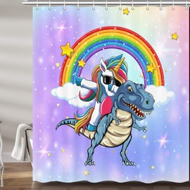 MERCHR Cute Unicorn Riding Dinosaur Shower Curtain for Kids Bathroom, Funny Cartoon Rainbow Fantasy Galaxy Space Fabric Shower Curtains Set Boys Girls Restroom Decor Accessories with Hooks 72X72 in