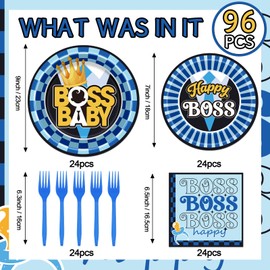 iPartyGo Boss Birthday Party Decorations - 96 Pcs Disposable Paper Dessert Plates Napkins Forks Tableware Set Blue Bosses Themed Supplies Favors for 1st 2nd 3rd Baby Kids Boys Serves 24 Guests