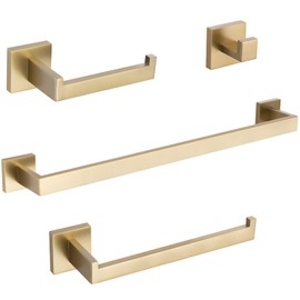 TURS Brushed Gold Bathroom Accessory Set 4-Pieces Bathroom Hardware Set Square Towel Bar Set Stainless Steel Towel Holder Set