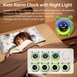 Digital Alarm Clock, Green Sleep Trainer, Children's Light Alarm Clock with 5 Colours of Coloured Lights and 3 Brightness Settings, Alarm Clock Children with Eight Types of Music Alarms and CR2032