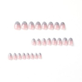 Glitter Press on Nails Short Almond Fake Nails Press ons with Designs Pink False Nails Acrylic Glossy Full Cover Glue on Nails Glitter Cute Artificial Stick on Nails for Women Manicure 24 Pcs