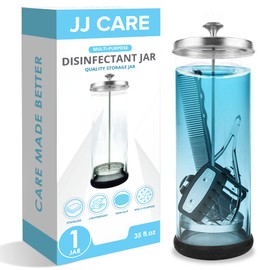 JJ CARE Disinfectant Jar (35oz) - Barber Disinfectant Jar Glass, Sanitizer Container w/Stainless Steel Removable Strainer & Cap for Manicure, Salon, Spa and Barber Tools - Silver Lid