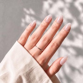 Aeollik Uñas postizas hechas a mano, cortas, ovaladas, nacaradas, color nude, 24 piezas, 12 tamaños, con pegamento para uñas y pestañas adhesivas.
