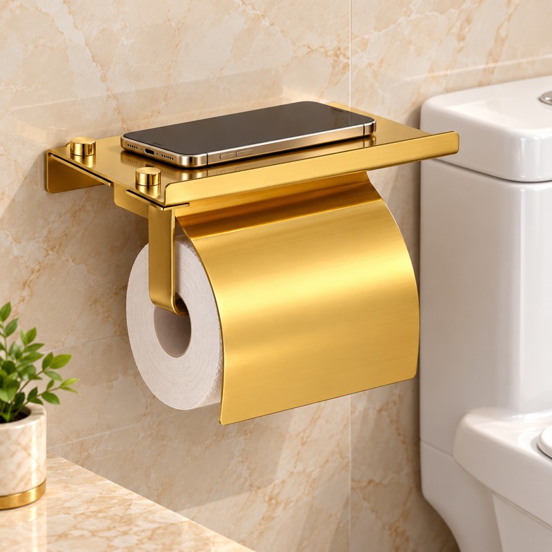 Stainless Steel Toilet Paper Holder with Shelf, Wall-Mounted Bathroom Tissue
