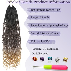 16 Inch Goddess Box Braids Crochet Hair 8 Pack Boho Braids Crochet Hair Boho Box Braids Crochet Hair Crochet Box Braids With Curly Ends (1B/4/27, 16 Inch (8 Packs))