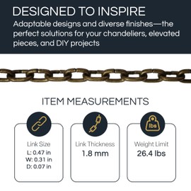 RCH Hardware CH-S53-14-PB-3 | 12 Gauge Decorative Solid Steel Standard Link Fixture Chain | 3 Foot Increments |Polished Brass Finish