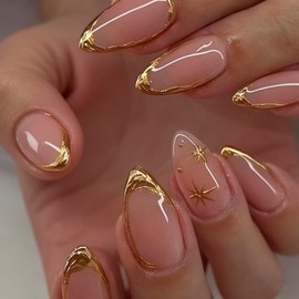 SXVME Press on Nails Short Almond False Nails with 3D Gold Line Stars Design Fake Nails Short Stiletto Luxury Acrylic Nails Glossy Full Cover Nude Pink Stick on Nail for Women 24 Pcs
