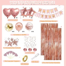 Rose Gold Birthday Party Decorations, Happy Birthday Banner, Rose Gold Fringe Curtain, Heart Star Foil Confetti Balloons, Hanging Swirls for Women Girls Birthday Princess Party