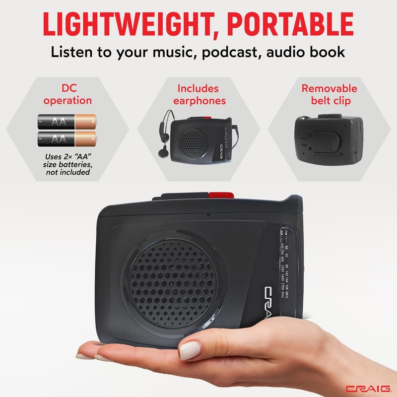 Craig Stereo Cassette Player/Recorder with Earphones: Portable AM/FM Radio &