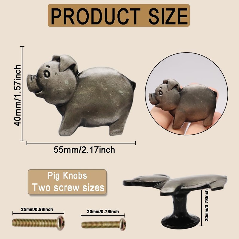 Hdtyyln Cute Pig Knobs, 4 Pcs Ancient Silver Animal Zinc