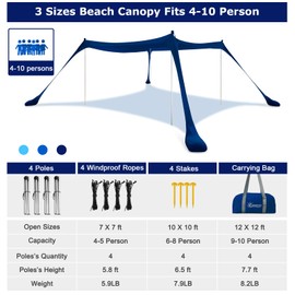 COMMOUDS Beach Tent, Camping Sun Shelter with UPF50+ Protection, Sand Shovels, Ground Pegs and 4 Stability Poles, Outdoor Pop Up Beach Shade Canopy for Fishing, Backyard or Picnics