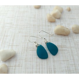 Ocean Blue Sea Glass Earrings on Sterling Silver Hooks with Charming Hand Wrapped Wire Knot by Aimee Tresor Jewelry