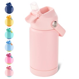 Kerilyn 12oz Kids Insulated Water Bottle, Leak-Proof Toddler Cup with Straws Lids, Kids Water Bottles for School Boys Girls, Stainless Steel Vacuum Insulated Bottle for Kids, BPA Free, Pink