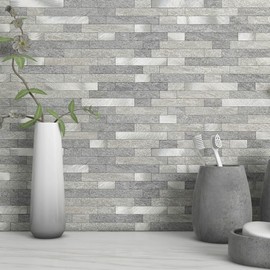 MOFIT 3D Stone Brick Backsplash Tile for Kitchen Peel and Stick Self-Adhesive Wall Tile,Marble Linear Mosaic Tiles Stickers Bathroom Wall Panels Fireplace Vanity (Gray,10sheets)