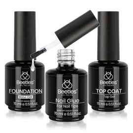 Beetles French Tip Press On Nails French Gel Nail No File Need  Fake Nails  4-in-1 DIY Manicure for Nail Extension Designs for Women #TikTokShopBacktoSchool:_Base Top Coat Nail Glue Kit（15ML each）
