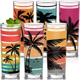 Honeydak 6 Pack Retro Coastal Palm Tree Highball Drinking Glasses, Summer Beach Glass Cups gifs Set, Dishwasher Safe Water Glasses Set for Juices, Cocktails for Hawaiian tropics party favor, 9.13oz