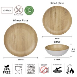 Melamine Dinnerware Set - 12pcs dinnerware set Indoor and Outdoor use, Bamboo Pattern Dishes Dinnerware Set for 4,Dishwasher Safe (Wood Grain)
