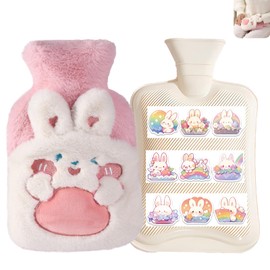 ZenyTra Plush Rabbit Hot Water Bottle with Removable Cover - Cuddly Hot Water Bag with Handwarmer Pockets and 10 Stickers, Thermal Insulated for Children and Adults (Pink)