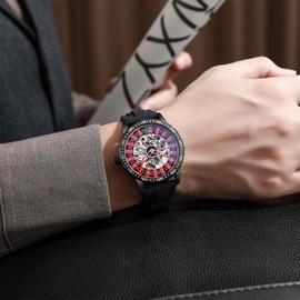 Minskolei Shield Men's Watch Automatic Hollow Mechanical Roulette Wheel Design 30M Waterproof Casual Fashion Wristwatches for Men (Rubber Black)