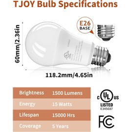 TJOY LED Light Bulbs, 100 Watt Equivalent A19 LED Bulbs, Soft Warm White 2700K, Energy Saving Lightbulbs with E26 Standard Base, 1500 Lumens Non Dimmable Lamp for Home Bedroom Kitchen, 4 Pack