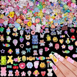 250 piezas Kawaii 3D Kit de dijes de uñas de caramelo, abejas de osos de goma de dibujos animados Y2K Piña fruta caramelo dulce piruleta dona helado corazón lindo estrellas lazos colores mixtos