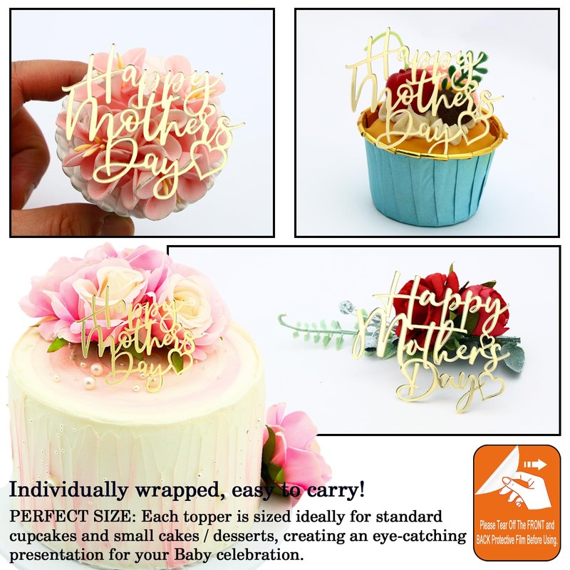 Decoración para tartas Happy Mother's Day - Espejo dorado acrílico,