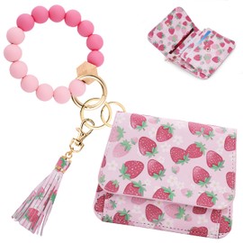 Sunpour Keychain Wallet RFID Wristlet Wallets for Women,Small Wallets Woman Key Chain Wallet with Coin Pocket and Id Window (Strawberry)