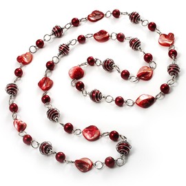 Avalaya Red Shell Composite & Imitation Pearl Bead Silver Tone Wire Long Necklace/ 120cm Long