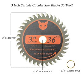 3 Inch Carbide Circular Saw Blade 36 Tooth, Saw Blade Circular Cutting Blade Cut Off Tool with 7/16" Arbor for Wood, Plastic, PCV, Acrylic or Aluminum - 3 Pack